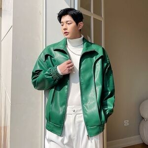 Green Vegan Leather Bomber Jacket